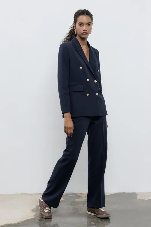 Bayan Lacivert Yüksek Bel Düz Kesim Pantolon - BSL