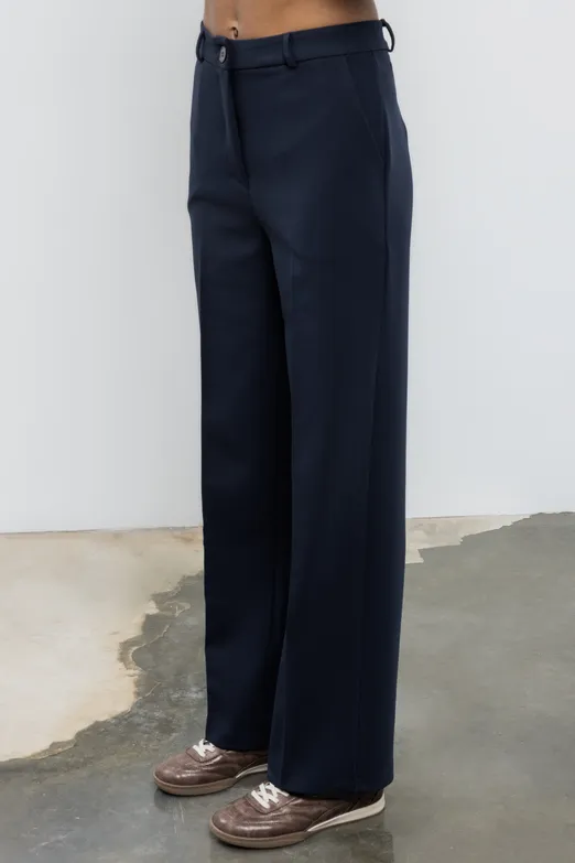 Bayan Lacivert Yüksek Bel Düz Kesim Pantolon - BSL