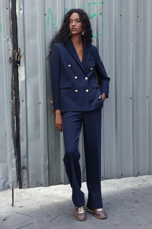 Bayan Lacivert Yüksek Bel Düz Kesim Pantolon - BSL