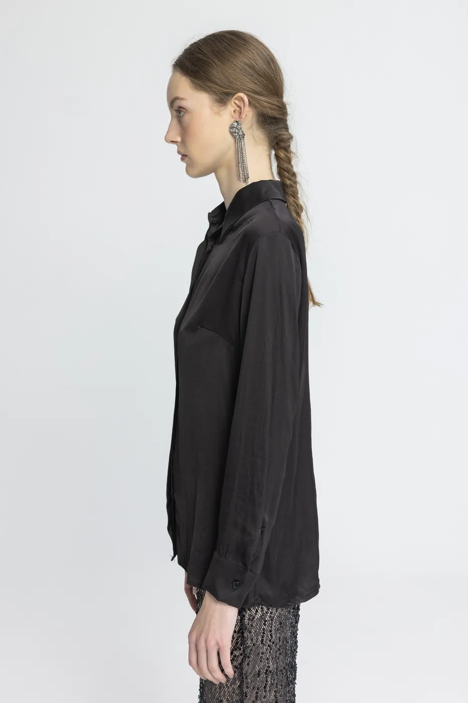 Bayan Siyah Saten Regular Gömlek