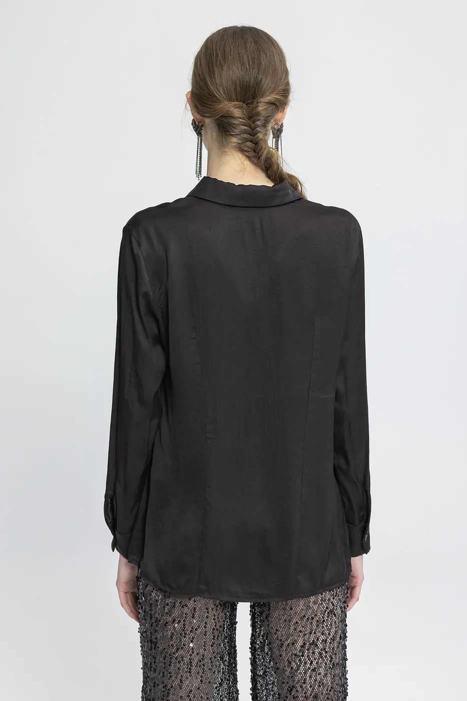 Bayan Siyah Saten Regular Gömlek