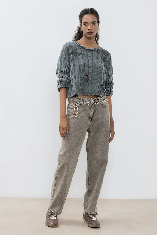 Bayan Vizon Düz Kesim Denim Pantolon - BSL