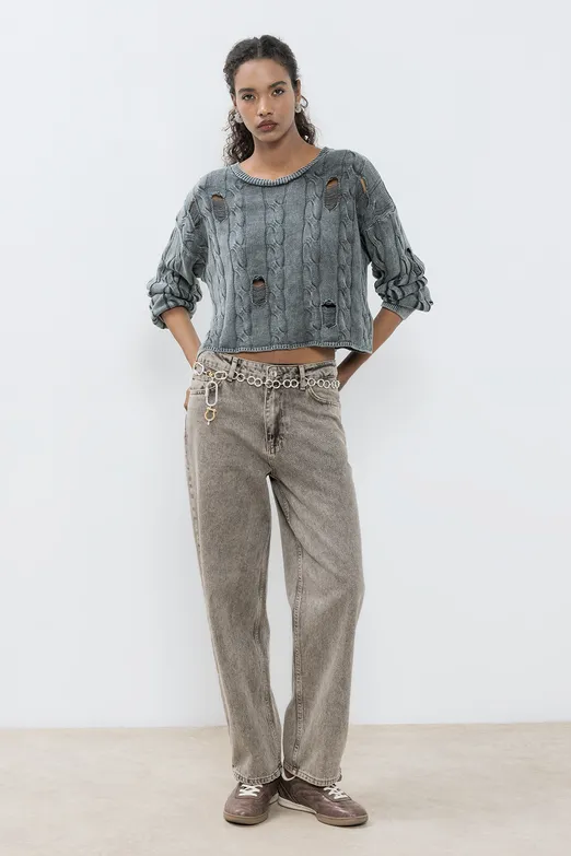 Bayan Vizon Düz Kesim Denim Pantolon - BSL