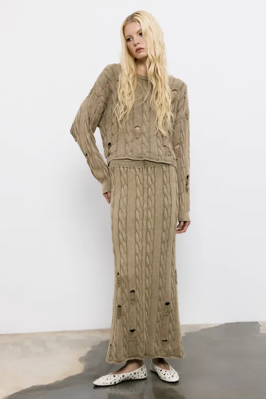 Bayan Haki Yıpratmalı Saçörgülü  Triko  Midi Kalem Etek - BSL