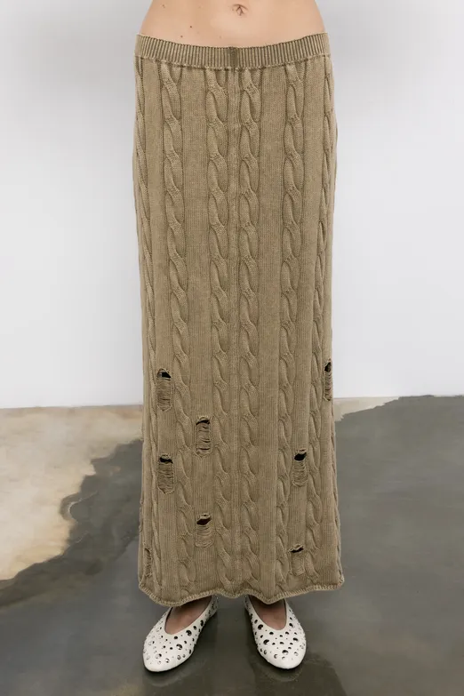 Bayan Haki Yıpratmalı Saçörgülü  Triko  Midi Kalem Etek - BSL