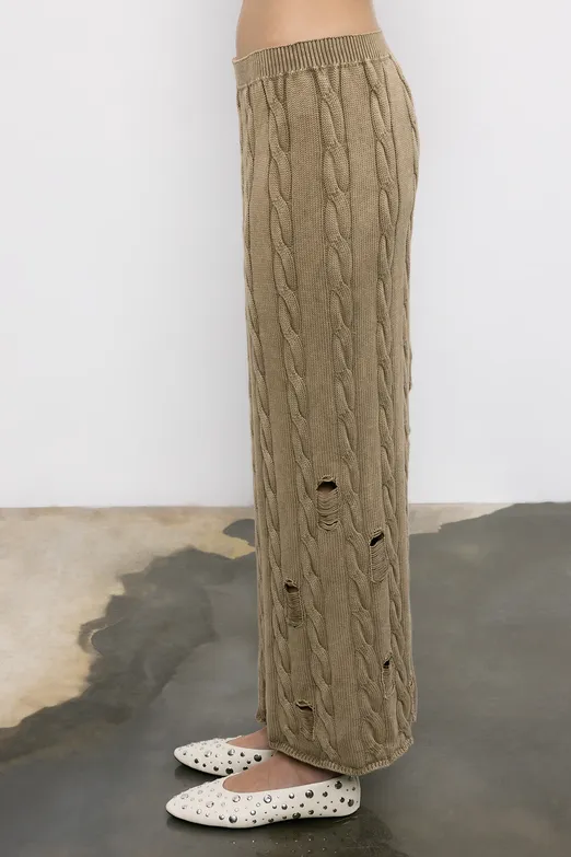 Bayan Haki Yıpratmalı Saçörgülü  Triko  Midi Kalem Etek - BSL