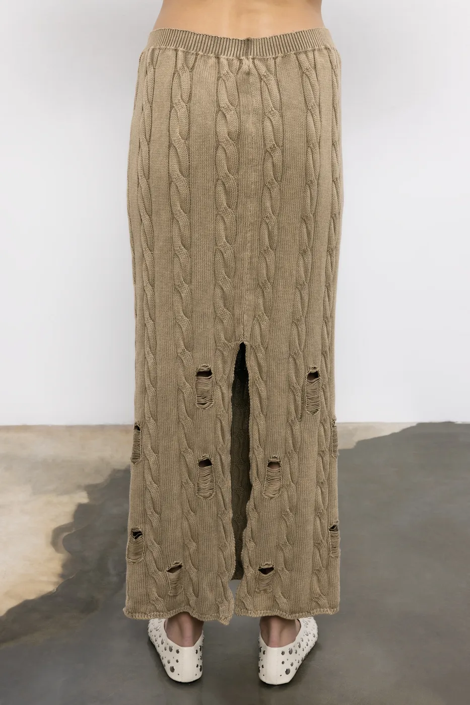 Bayan Haki Yıpratmalı Saçörgülü  Triko  Midi Kalem Etek