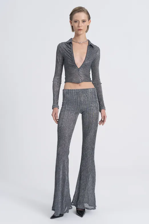 Bayan Gri Transparan İspanyol Paça Pantolon - BSL