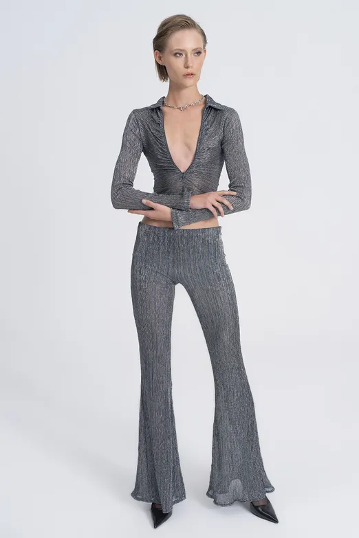 Bayan Gri Transparan İspanyol Paça Pantolon - BSL