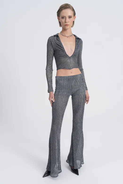 Bayan Gri Transparan İspanyol Paça Pantolon - BSL