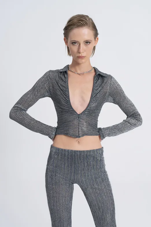 Bayan Gri Transparan Polo Yakalı Crop Top - BSL