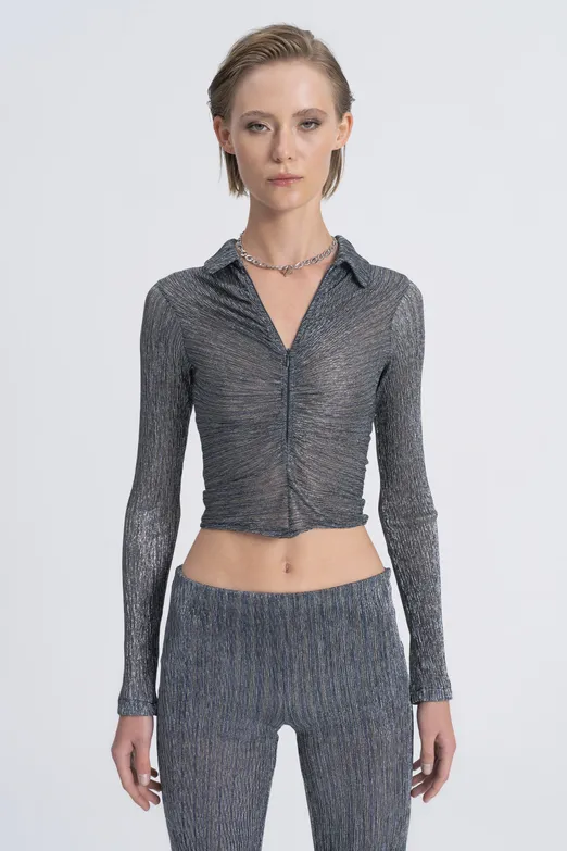 Bayan Gri Transparan Polo Yakalı Crop Top - BSL