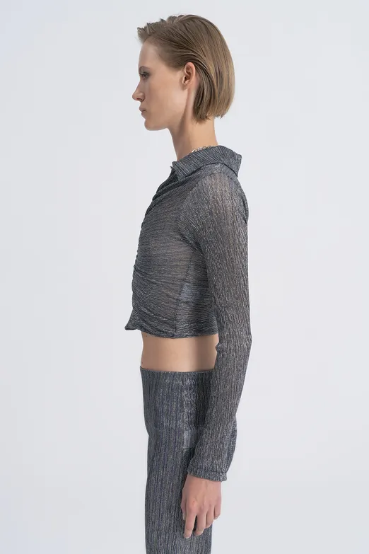 Bayan Gri Transparan Polo Yakalı Crop Top - BSL