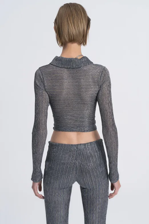 Bayan Gri Transparan Polo Yakalı Crop Top - BSL