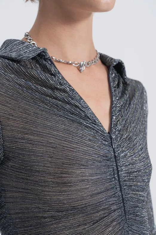 Bayan Gri Transparan Polo Yakalı Crop Top - BSL