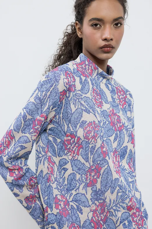 Bayan Mavi Dik Yakalı Oversize Bluz - BSL