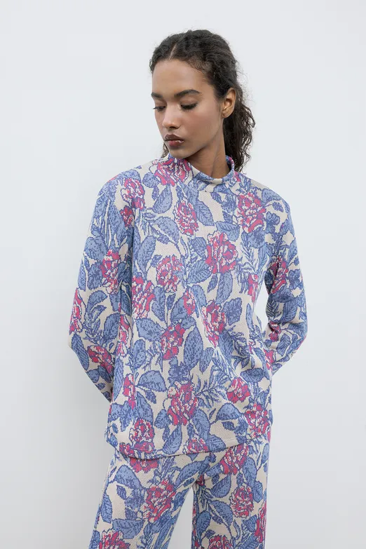 Bayan Mavi Dik Yakalı Oversize Bluz - BSL