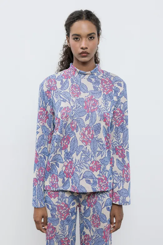 Bayan Mavi Dik Yakalı Oversize Bluz - BSL