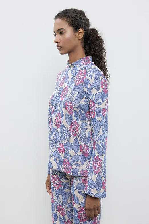 Bayan Mavi Dik Yakalı Oversize Bluz - BSL