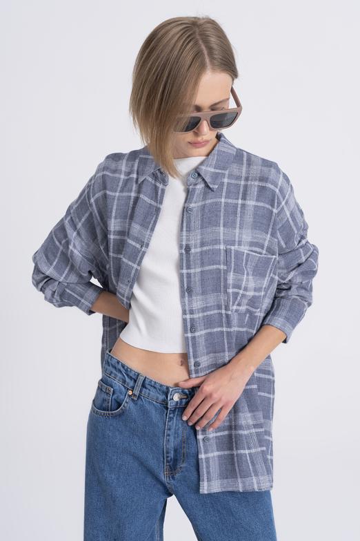 Bayan  Ekoseli Oversize Yün Karışımlı Gömlek