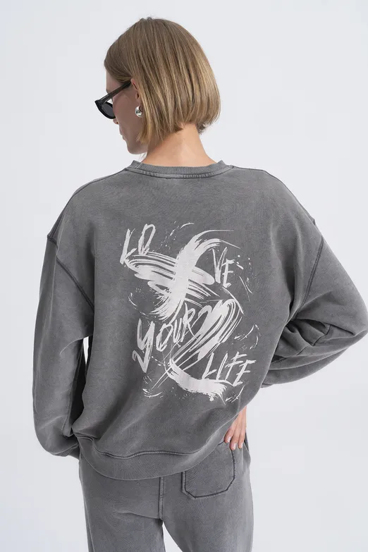 Bayan Antrasit Baskı Detaylı Basıc Sweatshirt - BSL