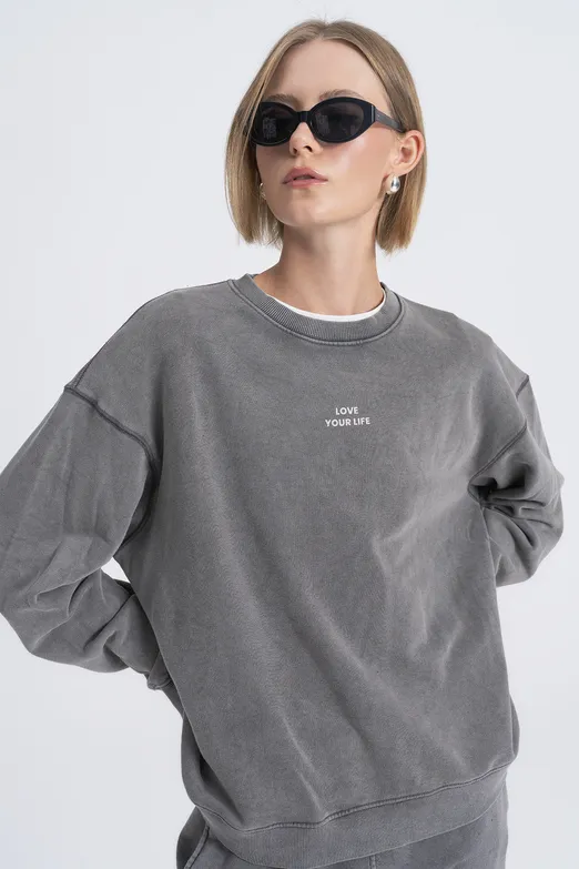 Bayan Antrasit Baskı Detaylı Basıc Sweatshirt - BSL