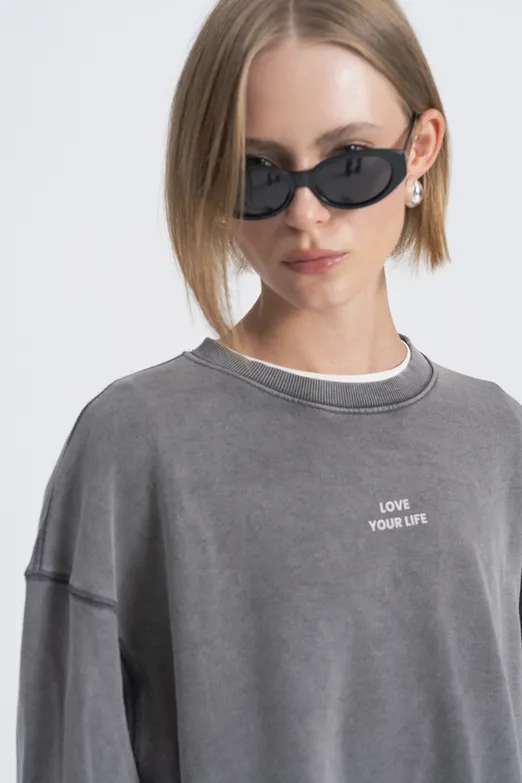 Bayan Antrasit Baskı Detaylı Basıc Sweatshirt - BSL