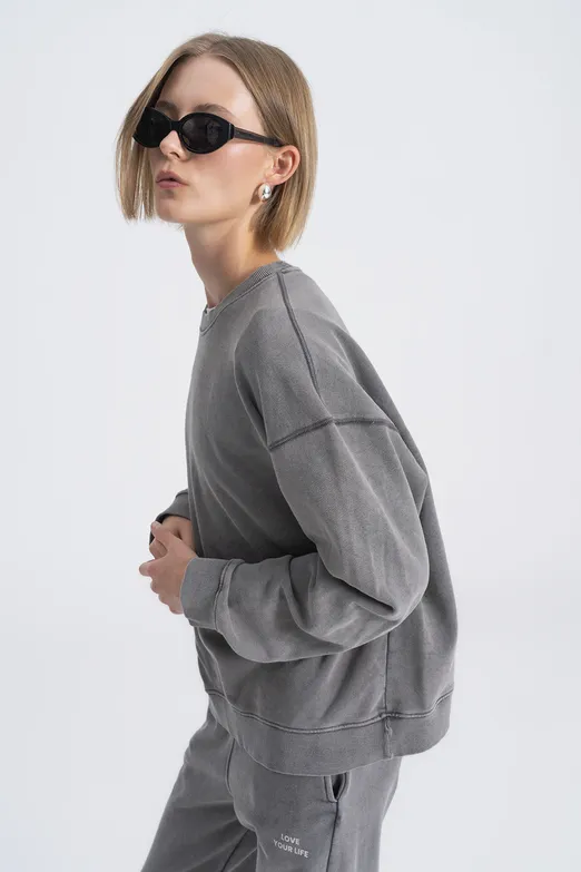 Bayan Antrasit Baskı Detaylı Basıc Sweatshirt - BSL
