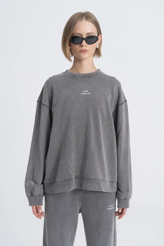 Bayan Antrasit Baskı Detaylı Basıc Sweatshirt - BSL
