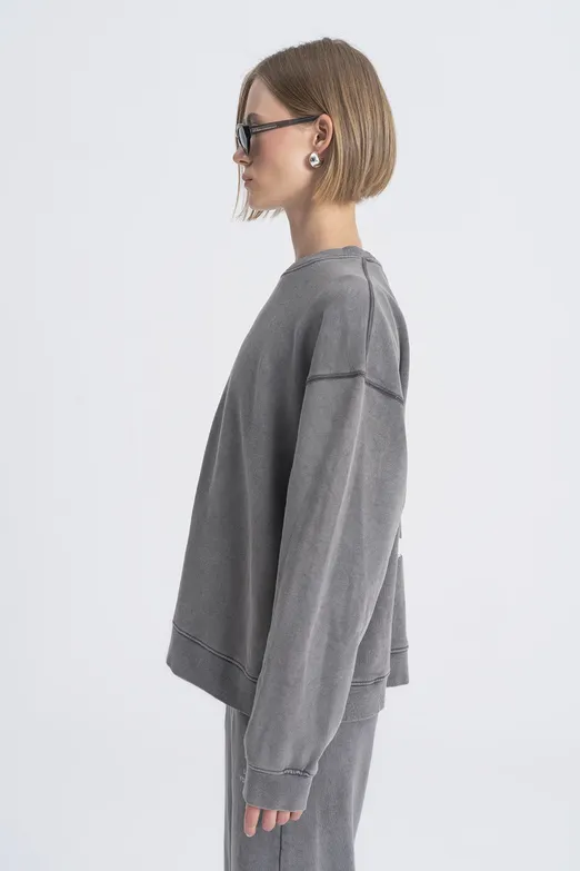 Bayan Antrasit Baskı Detaylı Basıc Sweatshirt - BSL