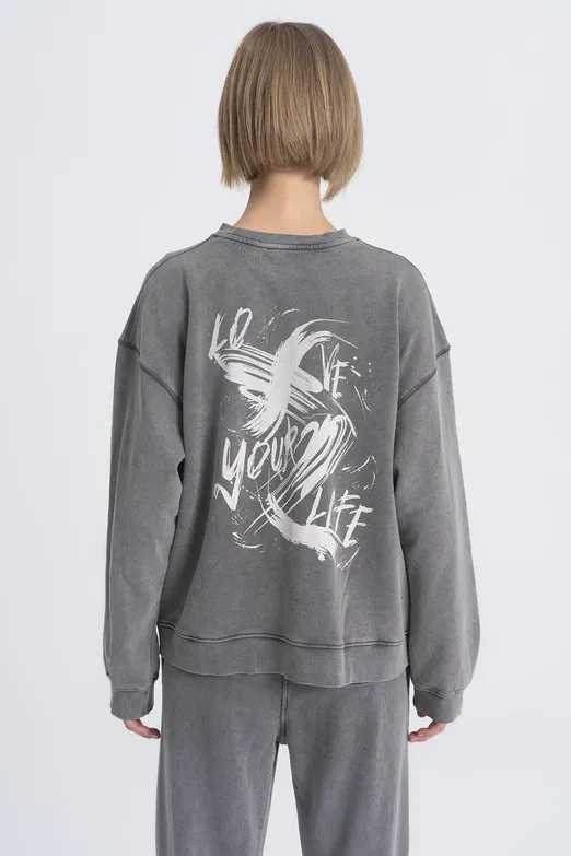 Bayan Antrasit Baskı Detaylı Basıc Sweatshirt - BSL
