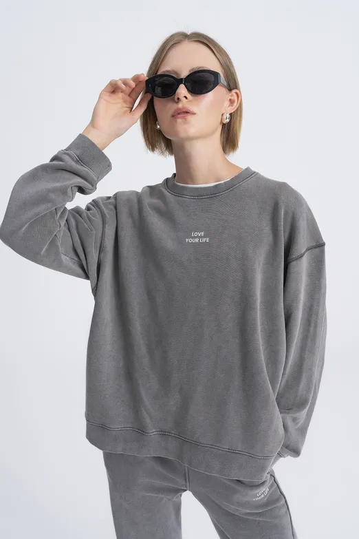 Bayan Antrasit Baskı Detaylı Basıc Sweatshirt - BSL