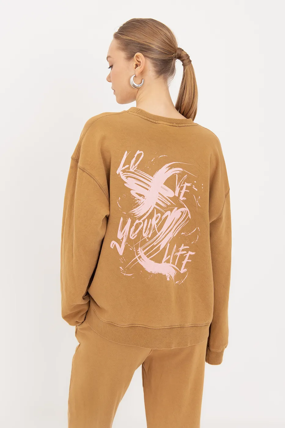 Bayan Hardal Baskı Detaylı Basıc Sweatshirt