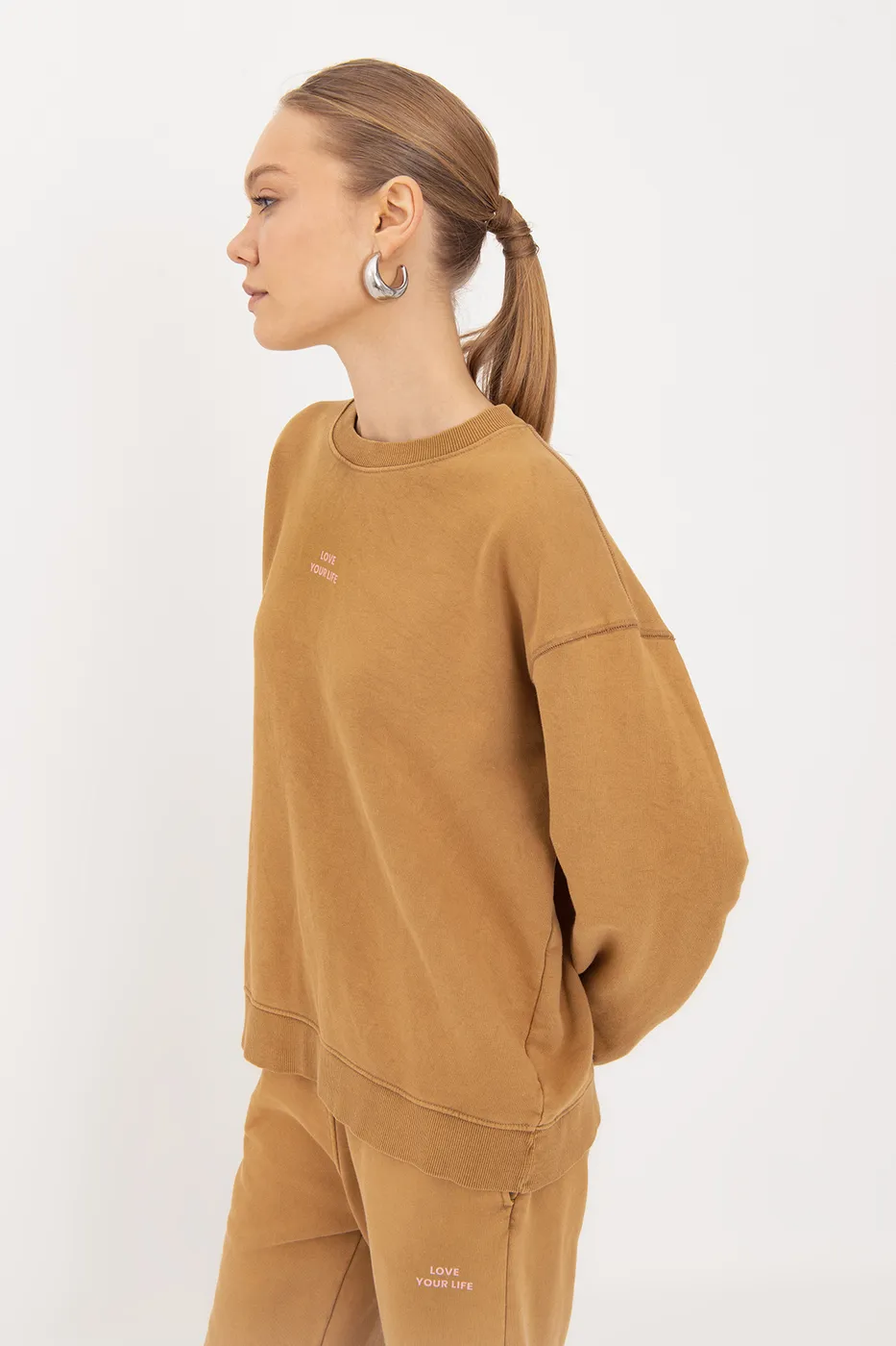 Bayan Hardal Baskı Detaylı Basıc Sweatshirt