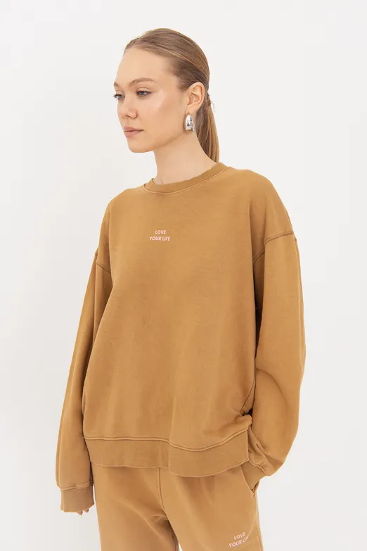 Bayan Hardal Baskı Detaylı Basıc Sweatshirt - BSL