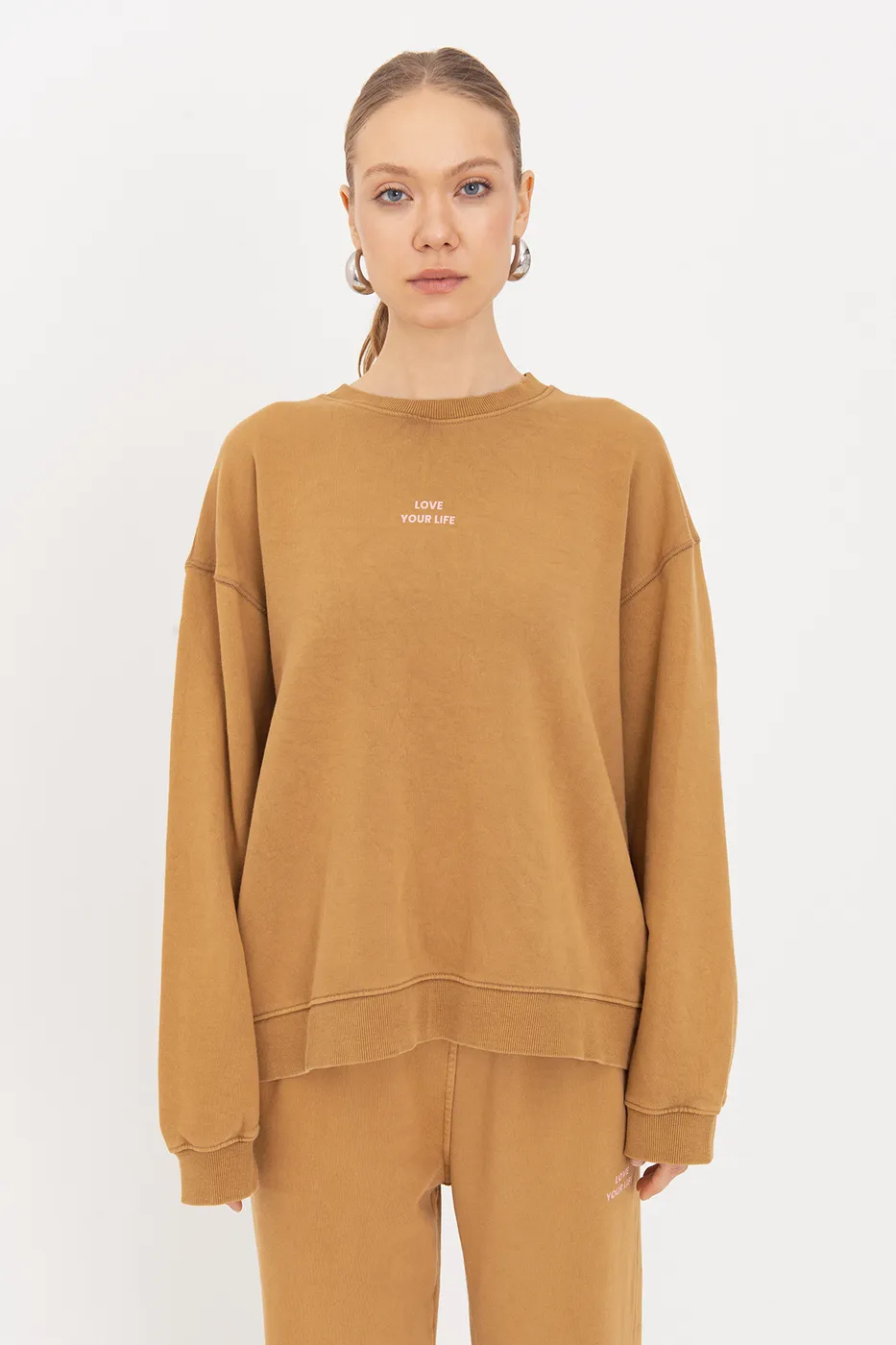 Bayan Hardal Baskı Detaylı Basıc Sweatshirt