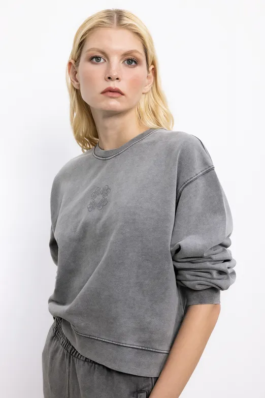 Bayan Antrasit Baskı Detaylı Basic Asit Yıkamalı Sweatshirt - BSL