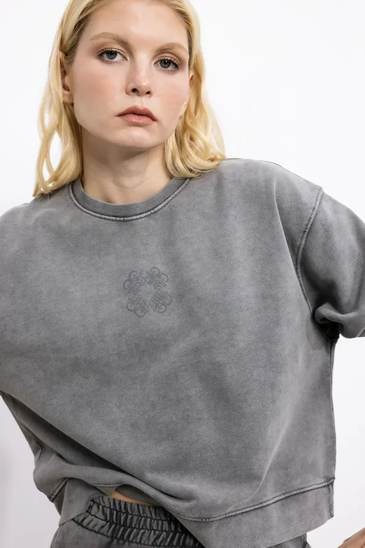 Bayan Antrasit Baskı Detaylı Basic Asit Yıkamalı Sweatshirt - BSL