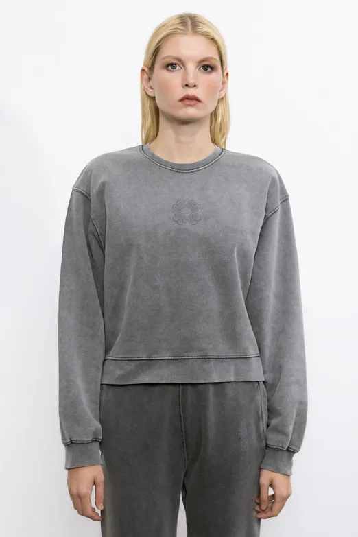 Bayan Antrasit Baskı Detaylı Basic Asit Yıkamalı Sweatshirt - BSL