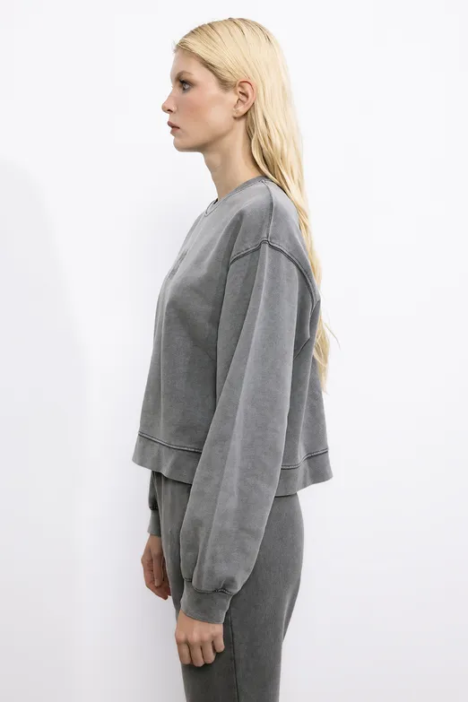 Bayan Antrasit Baskı Detaylı Basic Asit Yıkamalı Sweatshirt - BSL