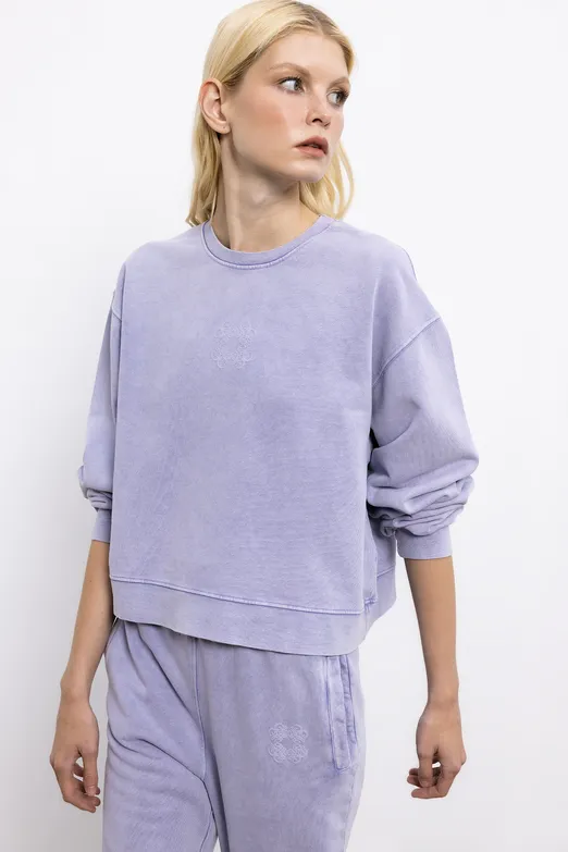 Bayan Lila Baskı Detaylı Basic Asit Yıkamalı Sweatshirt - BSL