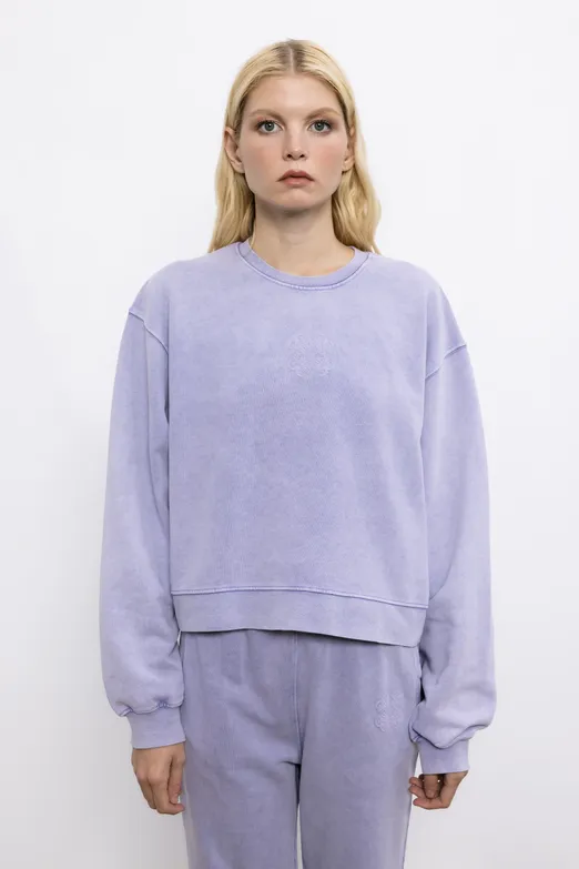 Bayan Lila Baskı Detaylı Basic Asit Yıkamalı Sweatshirt - BSL