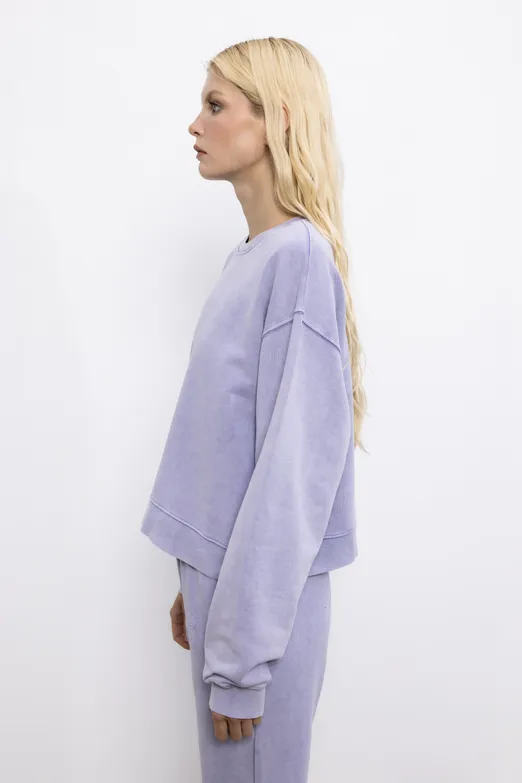 Bayan Lila Baskı Detaylı Basic Asit Yıkamalı Sweatshirt - BSL
