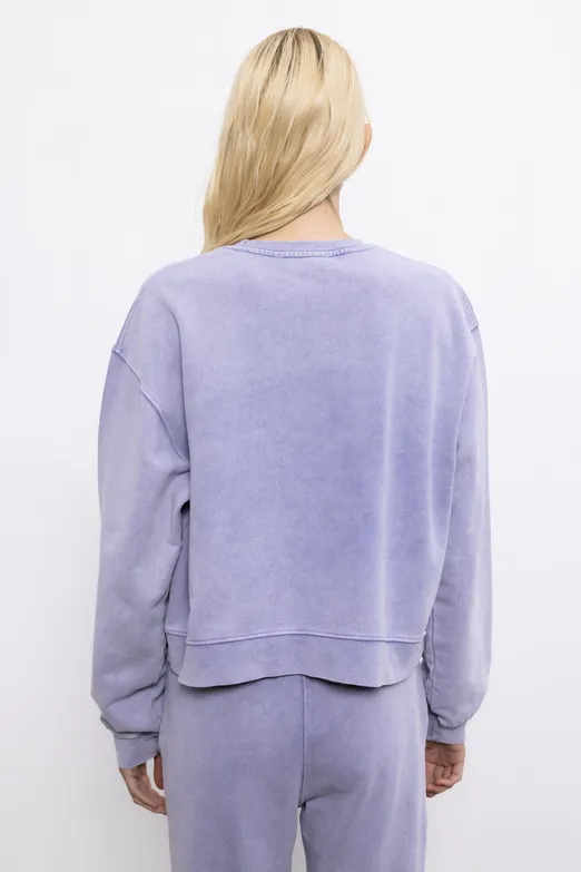 Bayan Lila Baskı Detaylı Basic Asit Yıkamalı Sweatshirt - BSL