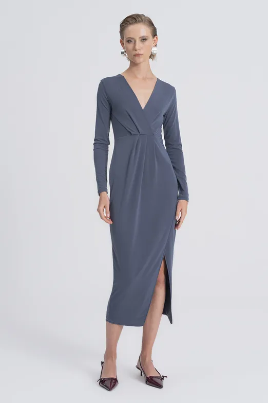 Bayan Antrasit V Yakalı Midi Elbise - BSL