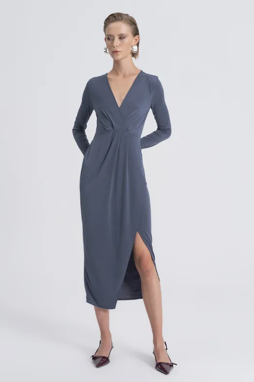 Bayan Antrasit V Yakalı Midi Elbise - BSL