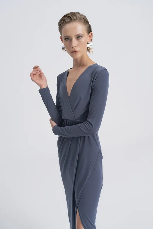 Bayan Antrasit V Yakalı Midi Elbise - BSL