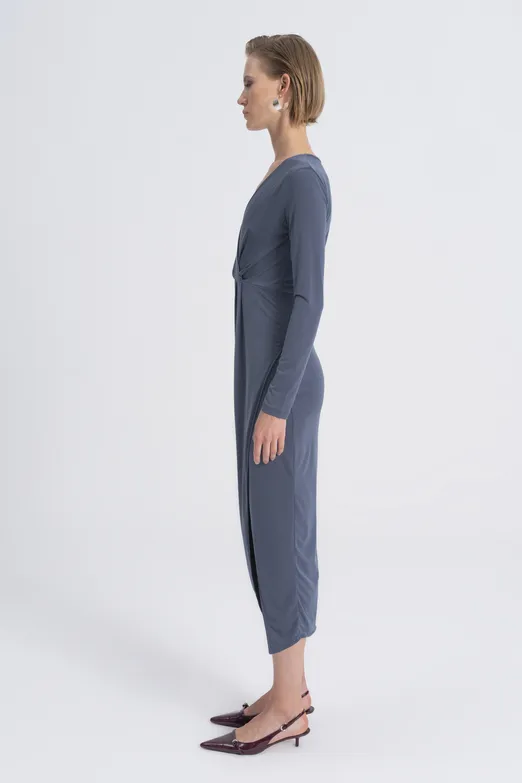 Bayan Antrasit V Yakalı Midi Elbise - BSL