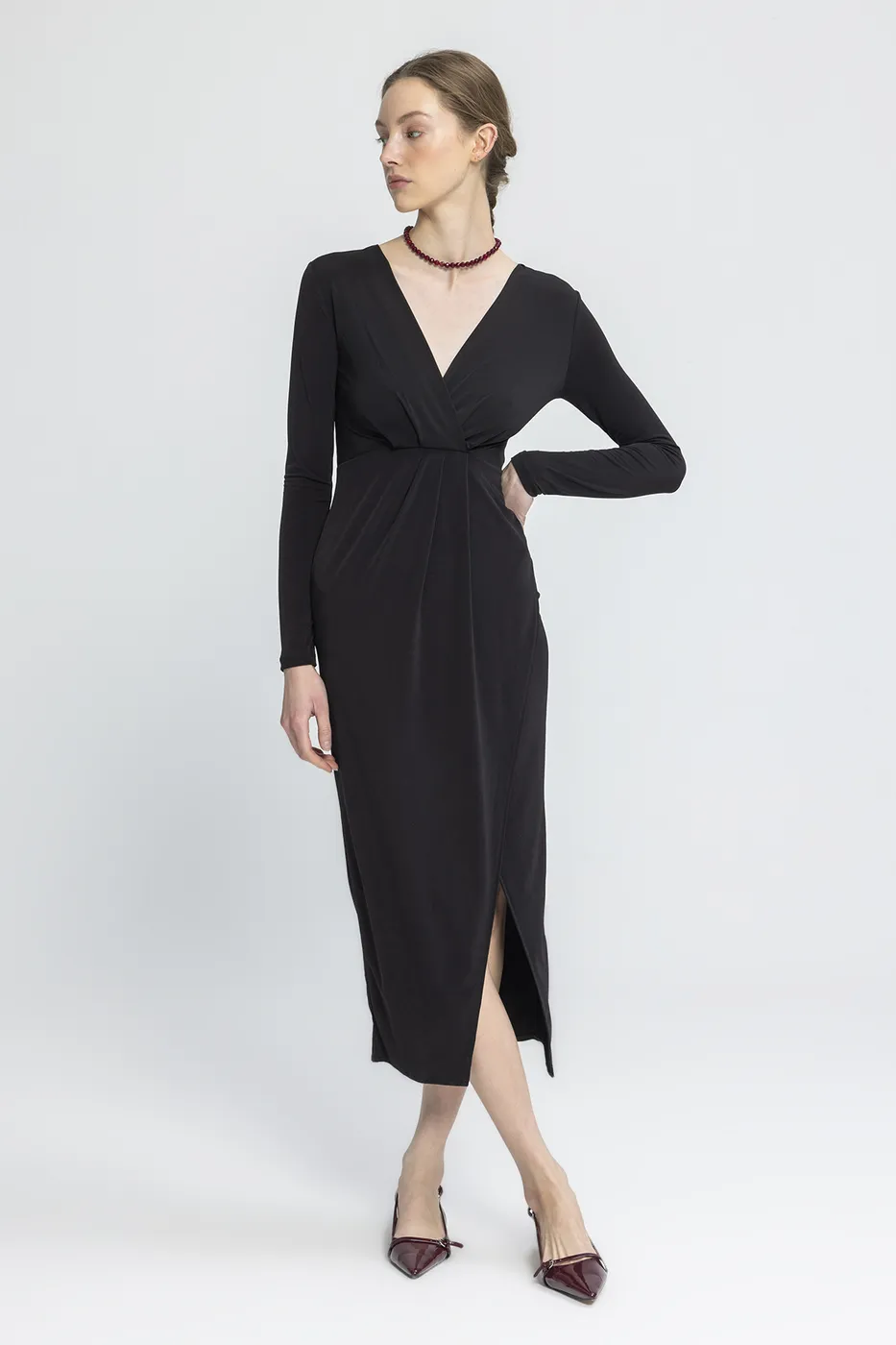 Bayan Siyah V Yakalı Midi Elbise