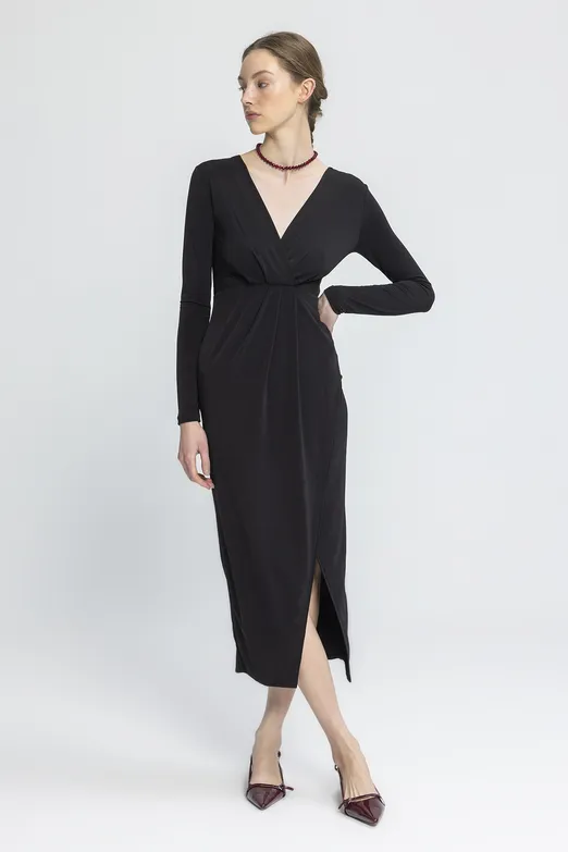 Bayan Siyah V Yakalı Midi Elbise - BSL